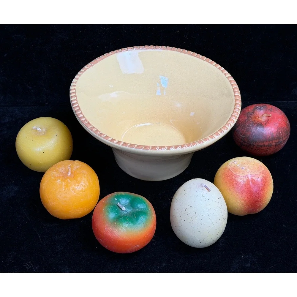 Italy Yellow Ceramic Bowl Scalloped Rim with 6 Wax Fruit Candles Set